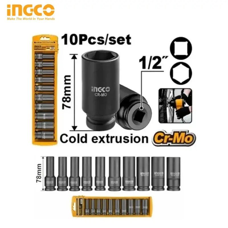 SET DE 10 DOUILLES LONGUES 1/2 À CHOC INGCO HKISSD121