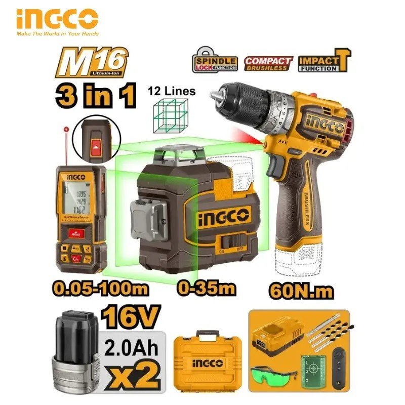 COMBO KIT 3EN1 ME 2 BATTERIES 16V/2.0AH  INGCO COSLI250101