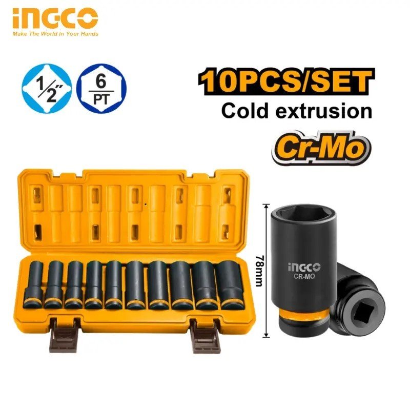 10 PCS 1/2" JEU DE DOUILLES A CHOC PROFONDE INGCO HKISSD12102L