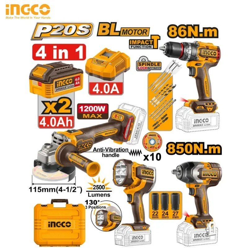 KIT COMPLET 4 PIÈCES AVEC DEUX BATTERIES 4,0 AH INGCO COSLI251192