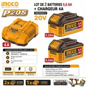 LOT DE 2 BATTERIES 5,0 AH + CHARGEUR 4A INGCO 20V – FBCPK2513