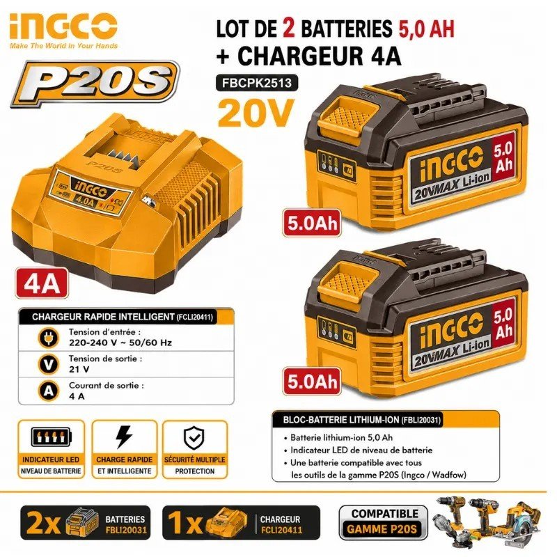 LOT DE 2 BATTERIES 5,0 AH + CHARGEUR 4A INGCO 20V – FBCPK2513