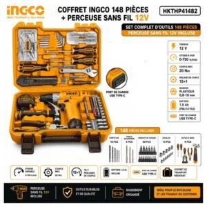COFFRET INGCO 148 PIÈCES + PERCEUSE SANS FIL 12V HKTHP41482