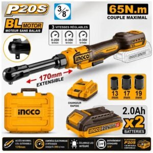 CLÉ À CLIQUET EXTENSIBLE SANS FIL 20V / 2 X 2,0 AH INGCO CDRLI2065292
