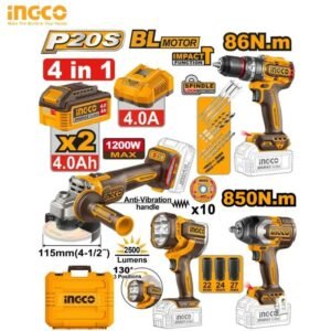 KIT COMPLET 4 PIÈCES AVEC DEUX BATTERIES 4,0 AH INGCO COSLI251192